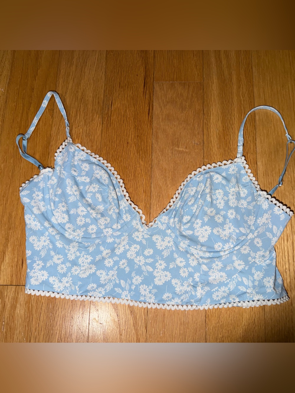 Intimately Free People Longline Underwire Blue Floral Bra, Lace Trim Size M